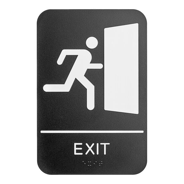 A black and white Lavex plastic exit sign with a person running out of the door and Braille text.
