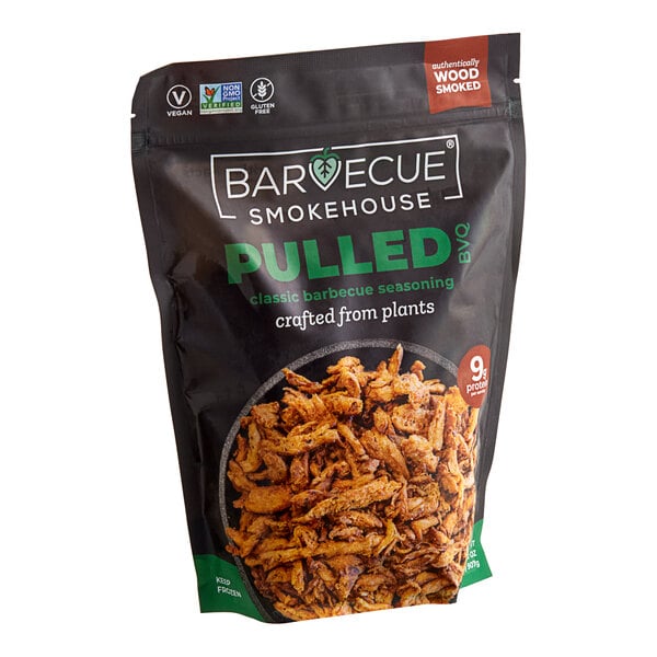 A bag of Barvecue Plant-Based Vegan Wood-Smoked Barbecue Pulled Pork on a table.