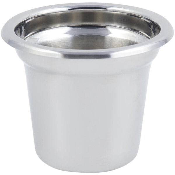 A silver metal Bon Chef stainless steel condiment pot with a rim.