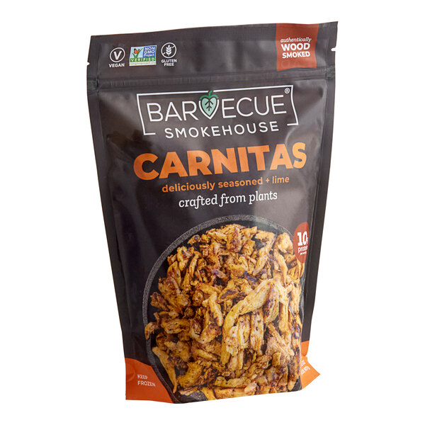 A bag of Barvecue Plant-Based Vegan Wood-Smoked Carnitas on a white background.