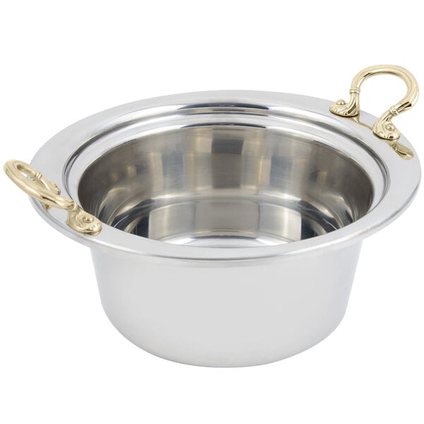 A stainless steel Bon Chef casserole food pan with round brass handles.