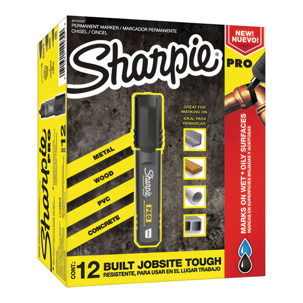 A yellow and black box of 12 Sharpie Pro black chisel tip permanent markers.