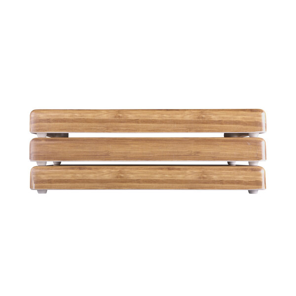 A rectangular wood riser with a faux bamboo design.