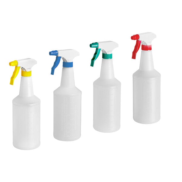 A row of white Lavex plastic bottles with assorted color spray triggers.