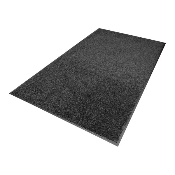 A black rectangular rug with a gray border.
