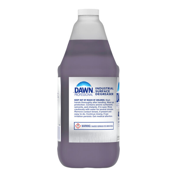 A close-up of a Dawn Professional 1 gallon bottle of purple liquid.