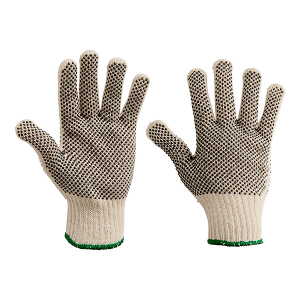 A close-up of a Lavex work glove with two-sided PVC dotted coating. One side has white dots and the other side has green dots.