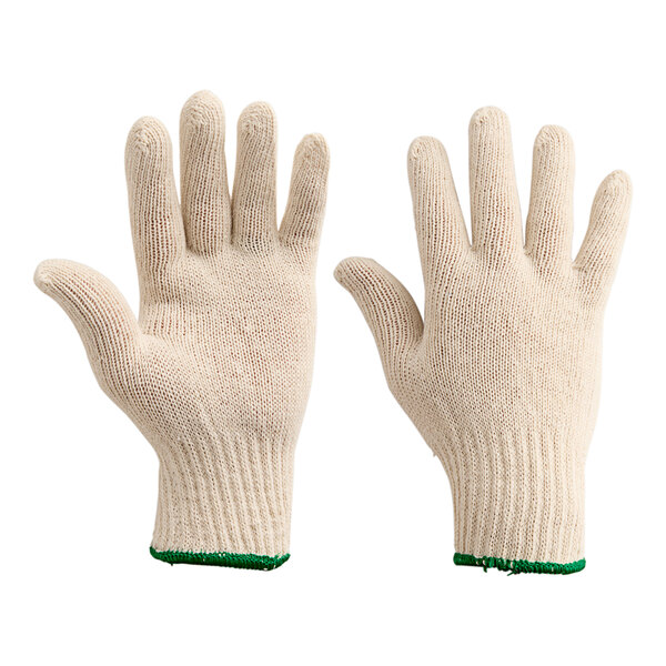 A close-up of a pair of white Lavex work gloves with green trim.