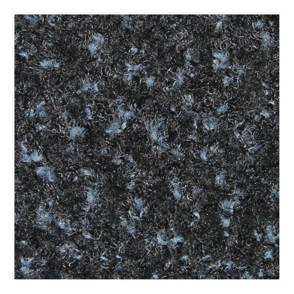 A close-up of a black M+A Matting carpet with a blue rubber border.