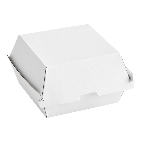 A white corrugated clamshell container.