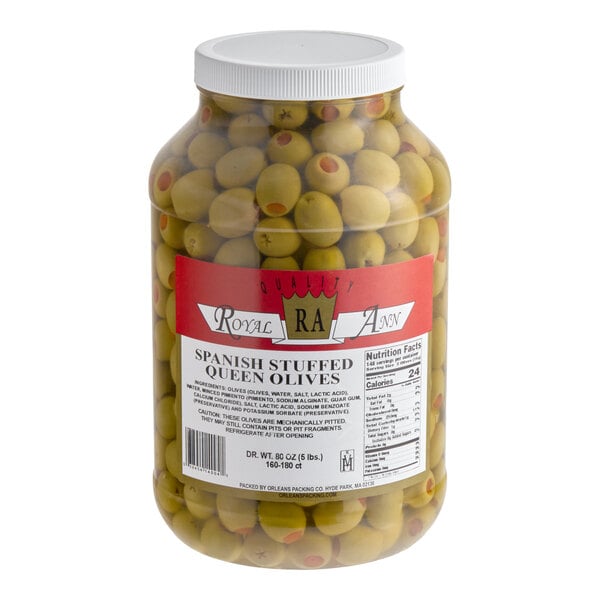 A large plastic jar filled with Spanish stuffed queen olives, labeled as Royal Ann brand, containing 5 pounds of olives.