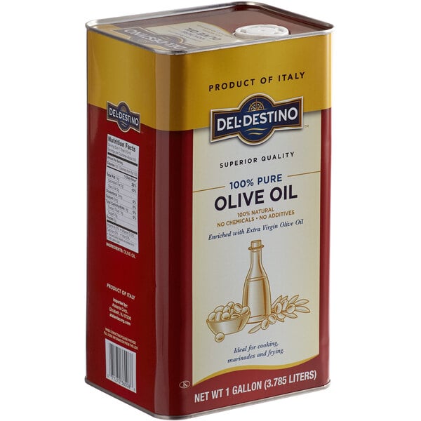 A white Del Destino tin of extra virgin olive oil.