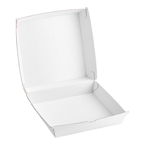 A white corrugated clamshell container with an open lid.