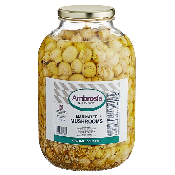 A white jar of Marinated Mushrooms with a label.