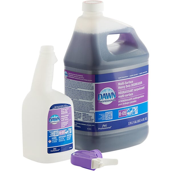 A purple and white bottle of Dawn Professional Multi Surface Heavy Duty Degreaser Concentrate on a counter.