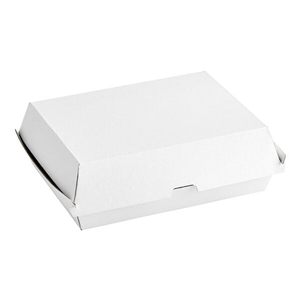 A white corrugated clamshell container with a closed lid.