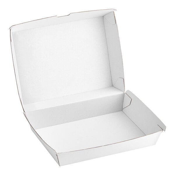 A white corrugated clamshell container with an open lid.