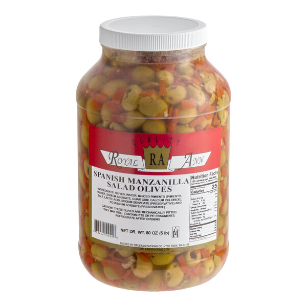A large plastic jar of Spanish Manzanilla salad olives with pimentos.