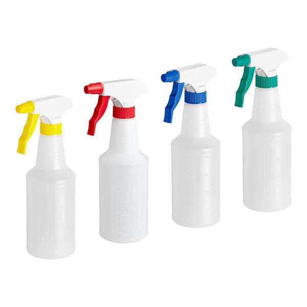 A row of Lavex white plastic bottles with assorted color spray triggers including blue, green, yellow, and white.