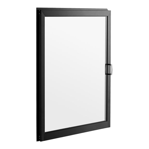 A black rectangular glass door with a white window.