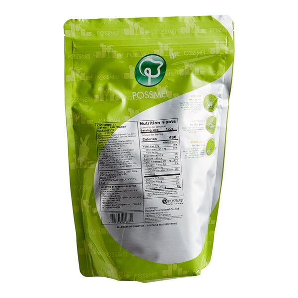 A green and white bag of Possmei Taro Powder with white and green text.