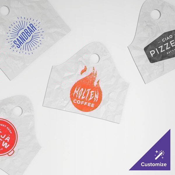 A set of customizable white plastic wavetop bags with various printed logos and a handle hole.