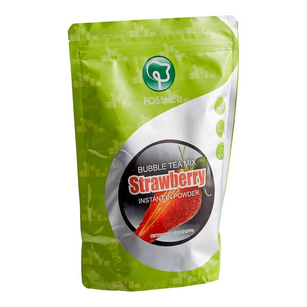 A green bag of Possmei strawberry tea mix with a label.