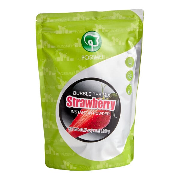 A green and white resealable pouch labeled 'Bubble Tea Mix Strawberry Instant Powder' with an image of strawberries on the front.
