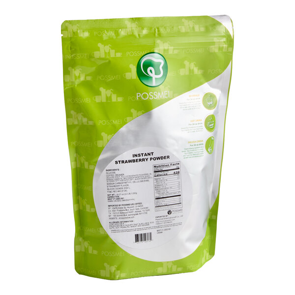 A green and white resealable bag labeled 'Instant Strawberry Powder' with nutritional information and branding visible on the front.