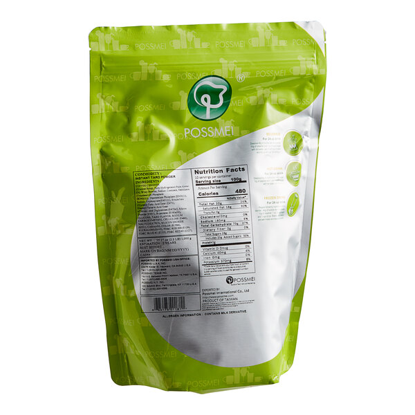 A green and white bag of Possmei Taro Powder Mix with white and green text.