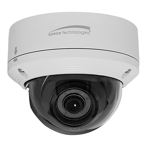A white dome camera with a black lens.