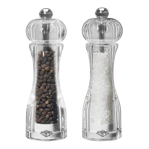 A Kuchenprofi Toronto salt and pepper mill set with salt and pepper in them.