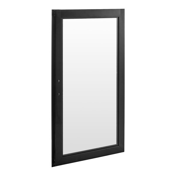 A black rectangular glass door with a white screen.