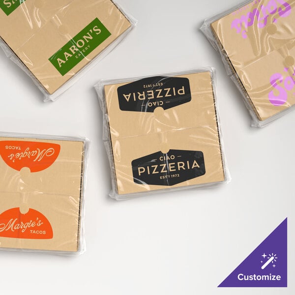 A set of clear plastic catering tray bags containing various branded cardboard food boxes.