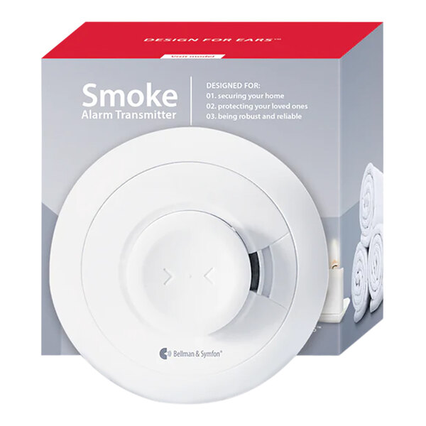 A white box with grey and white text for the Bellman & Symfon Visit Smoke Alarm Transmitter.