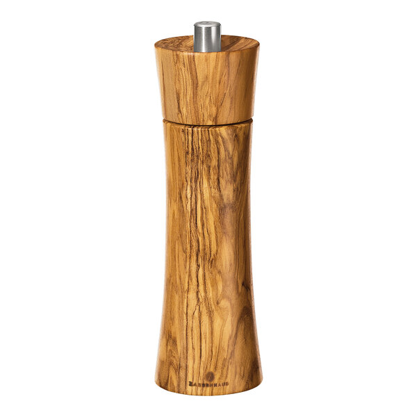 A Zassenhaus Frankfurt olive wood salt mill with a metal top.
