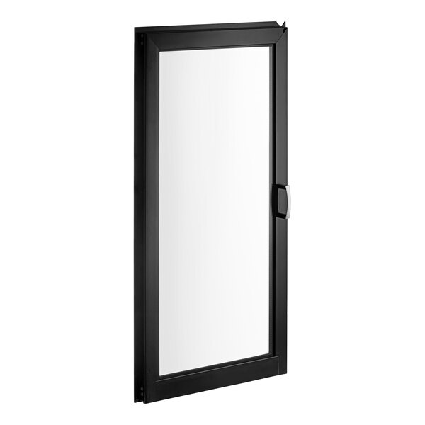 A black rectangular door with a glass panel.