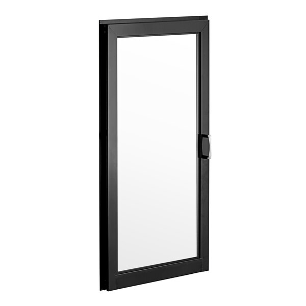 A black rectangular glass door with a white glass door handle.