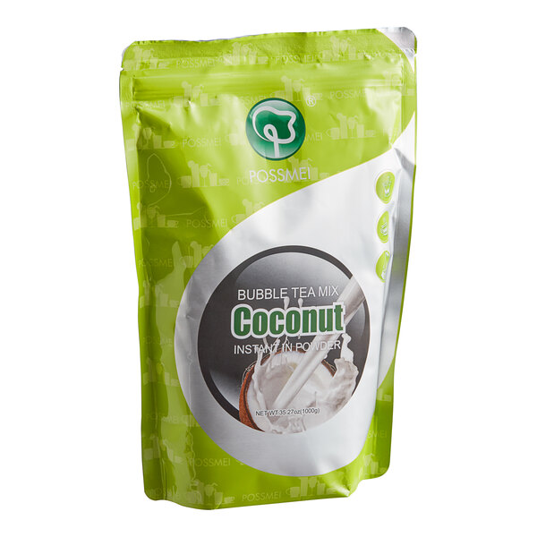 A green and white bag of Possmei Coconut Powder Mix.