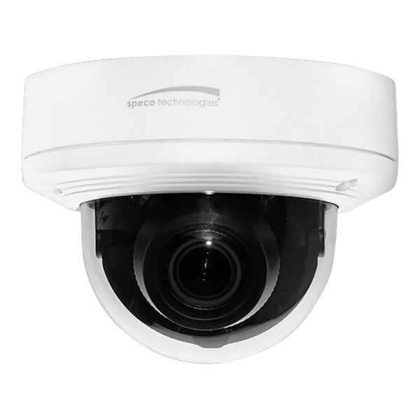 A white dome camera with a round lens.