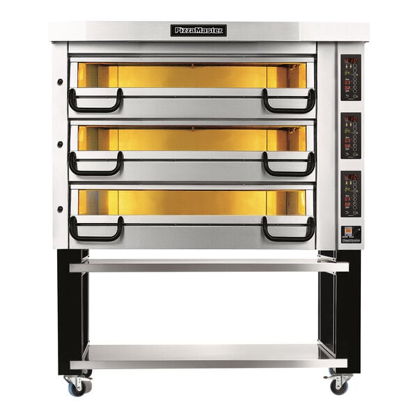 A PizzaMaster electric triple deck pizza oven on a stand with wheels.