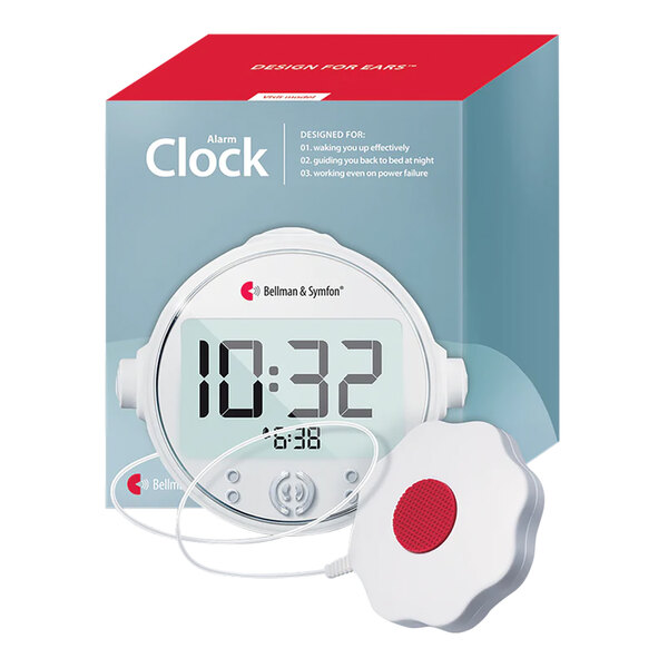 A white Bellman & Symfon digital alarm clock with a red button and a wire attached to it.
