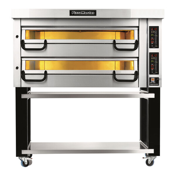 A PizzaMaster electric double deck pizza oven on a stand with yellow trays.