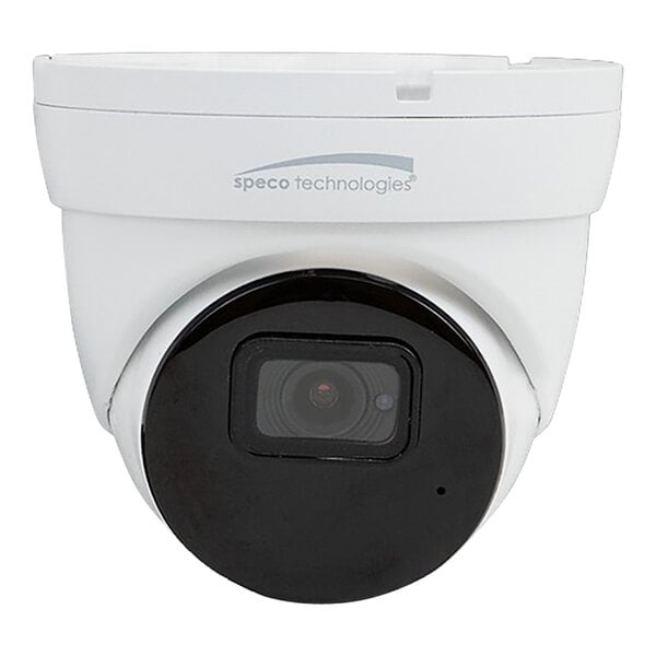 A white turret camera with a black circle on the front.