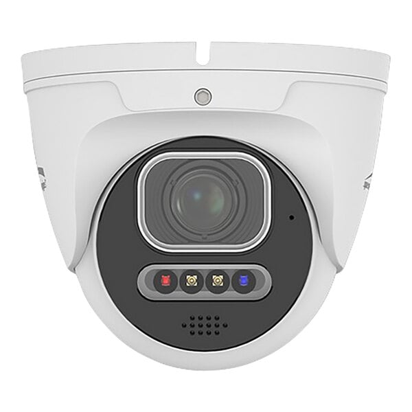 A close up of a white Speco Technologies turret camera lens.