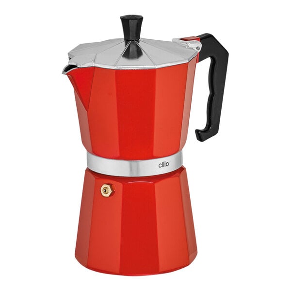 A red and black Cilio Classico stovetop espresso maker.