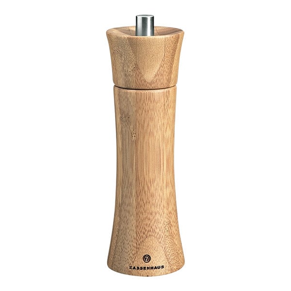 A Zassenhaus Frankfurt bamboo salt mill with a metal top.