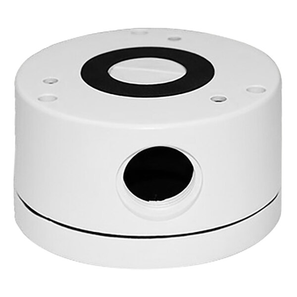 A white round junction box with a hole in the middle.