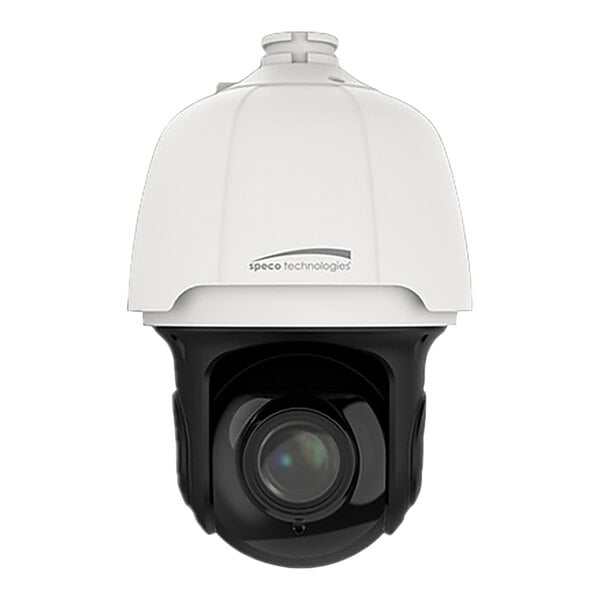A white and black dome camera with a white background.