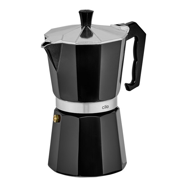 A black and silver Cilio Classico Moka Pot.